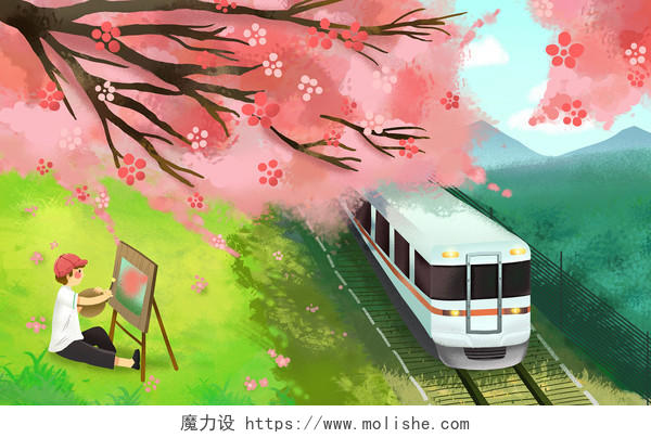 手绘作画的画家和樱花列车原创插画素材